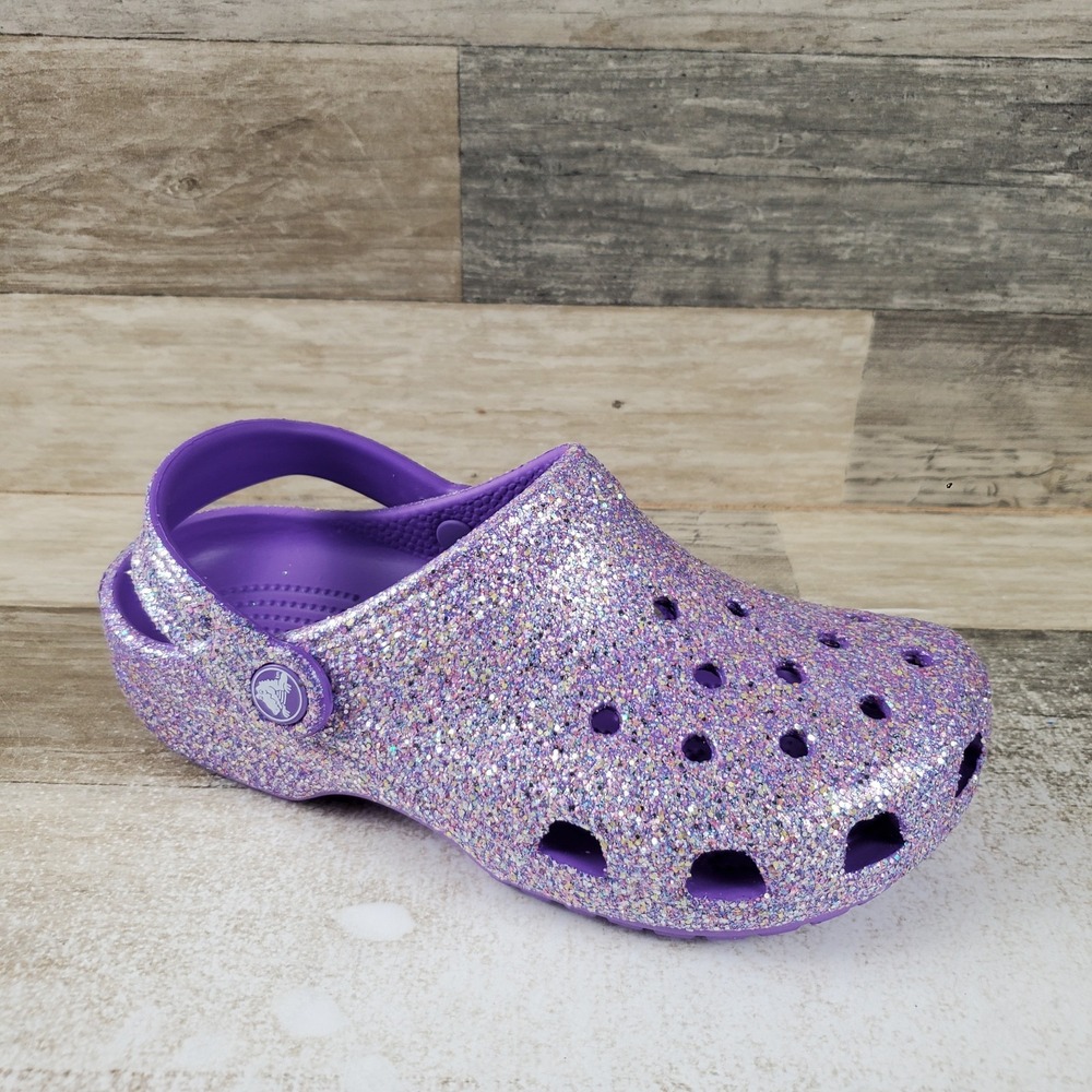 Crocs Classic Fantasy Glitter Kids Clogs Sz 3 J3 Purple Slingback Round Toe